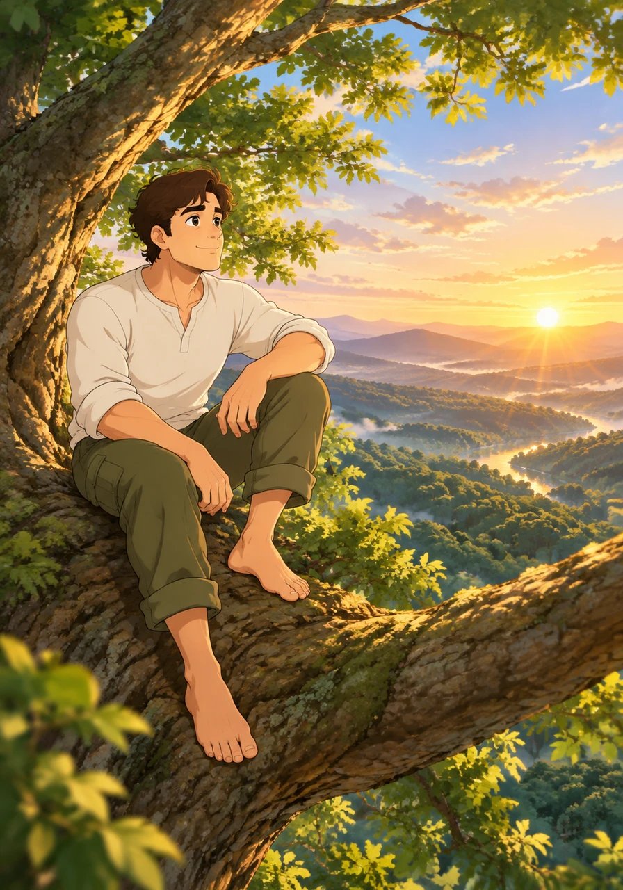 As dawn breaks on his final journey toward new horizons, the mature Leo climbs the very first ancient oak. Perched high, he looks down over the vast, thriving canopy, knowing he has grown from a boy who reached for the sky into a man who helps others stand tall.