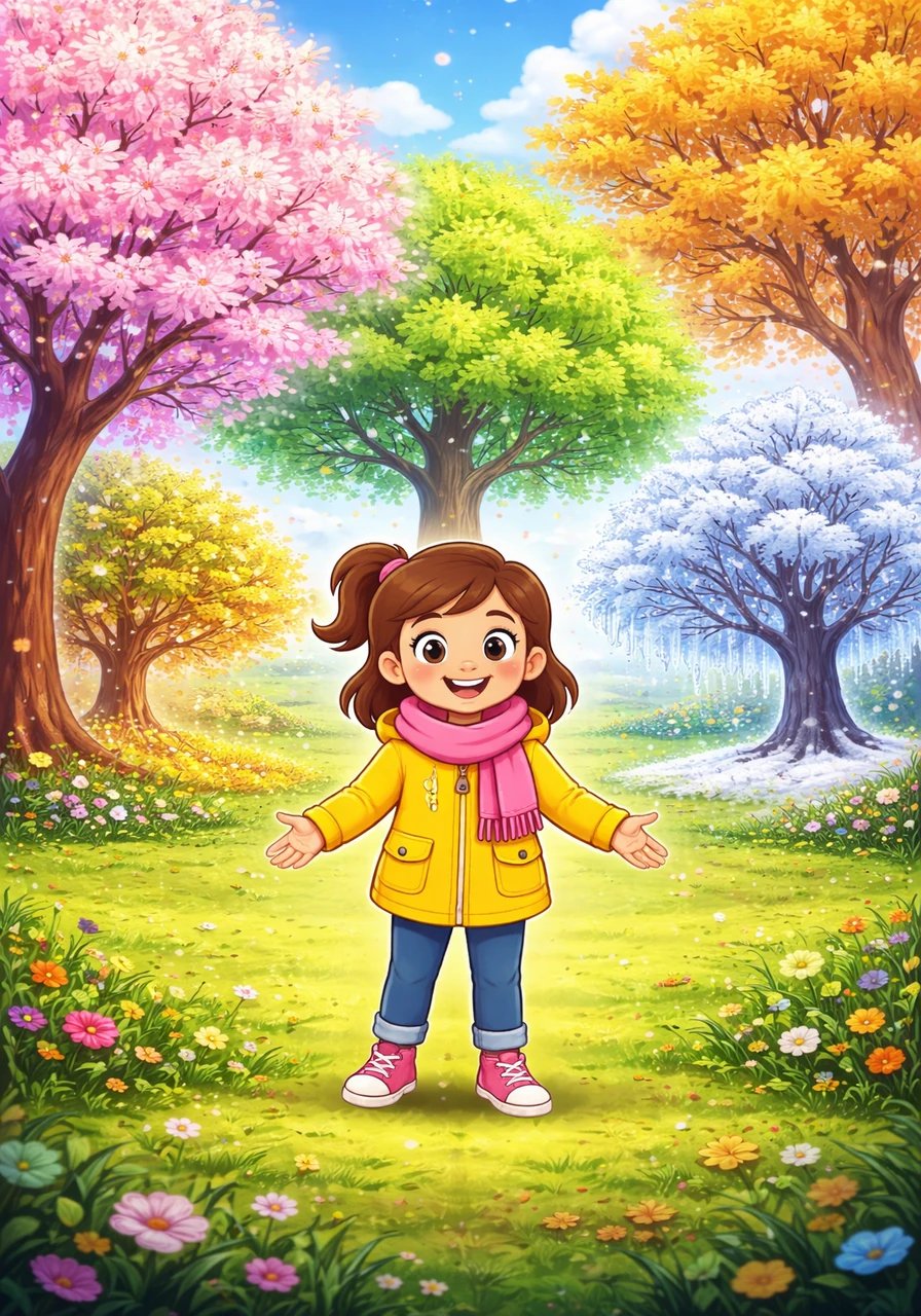 Lily stands in a vast, vibrant meadow where four magical trees represent the changing year. Each tree glows with its own seasonal colors, from soft pink blossoms to frosty winter white, introducing us to Lily’s wonderful world of nature.