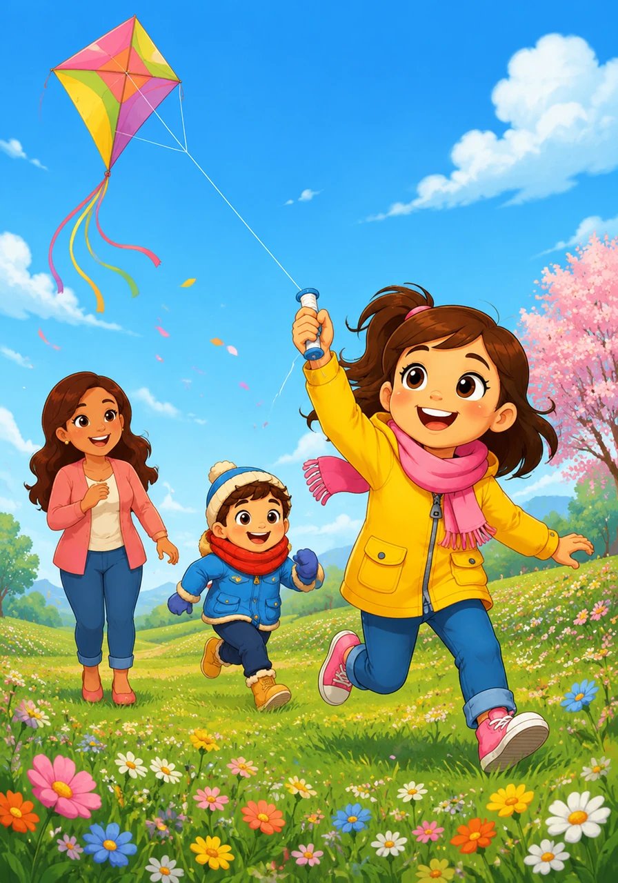 As spring arrives with a warm breeze, Lily runs through a lush green field dotted with colorful wildflowers. She holds tight to her bright kite, watching it dance and soar high against the clear blue sky.