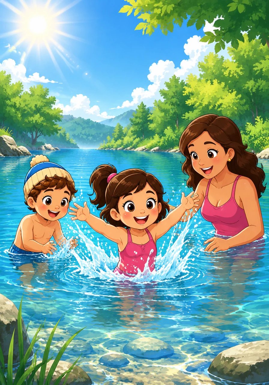 Under the golden rays of the summer sun, Lily finds relief in the sparkling blue waters of a cool lake. She splashes happily, surrounded by the lush greenery and the bright, cheerful energy of a hot summer day.