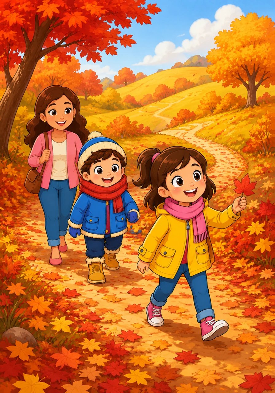 The air turns crisp as Lily wanders along a winding path covered in a crunchy carpet of red and yellow leaves. She climbs the rolling golden hills, admiring the rich, fiery colors of the trees during the beautiful autumn season.