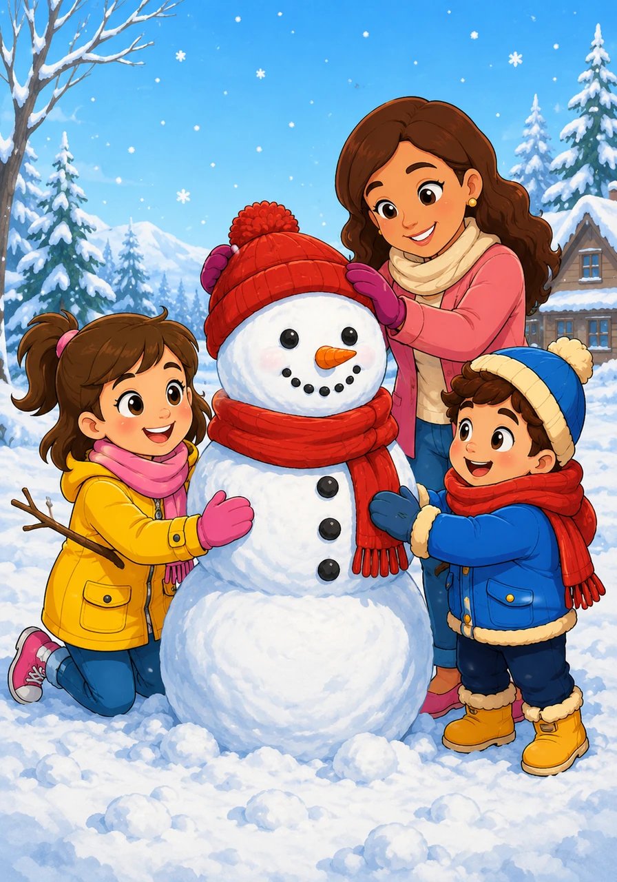 When the world turns white with soft, powdery snow, Lily and her friend work together to build a grand snowman. They are bundled in warm coats and scarves, enjoying the quiet magic and icy fun of a winter wonderland.