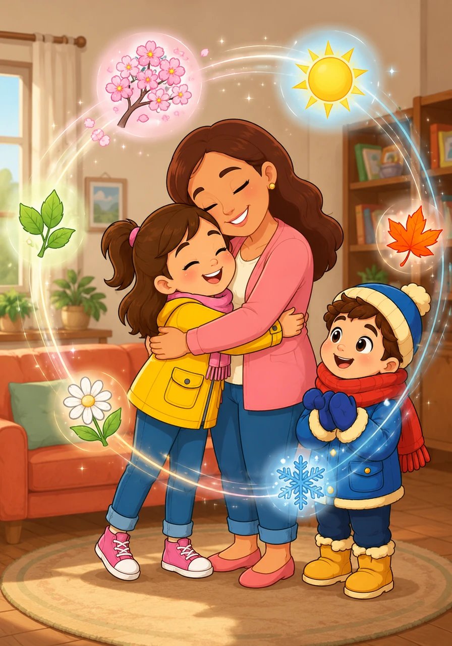 Back home, Lily shares a warm hug with her mother as symbols of all four seasons float gently around them in a whimsical circle. With a bright smile, Lily realizes that every time of year is special, leaving us to wonder which season brings us the most joy.