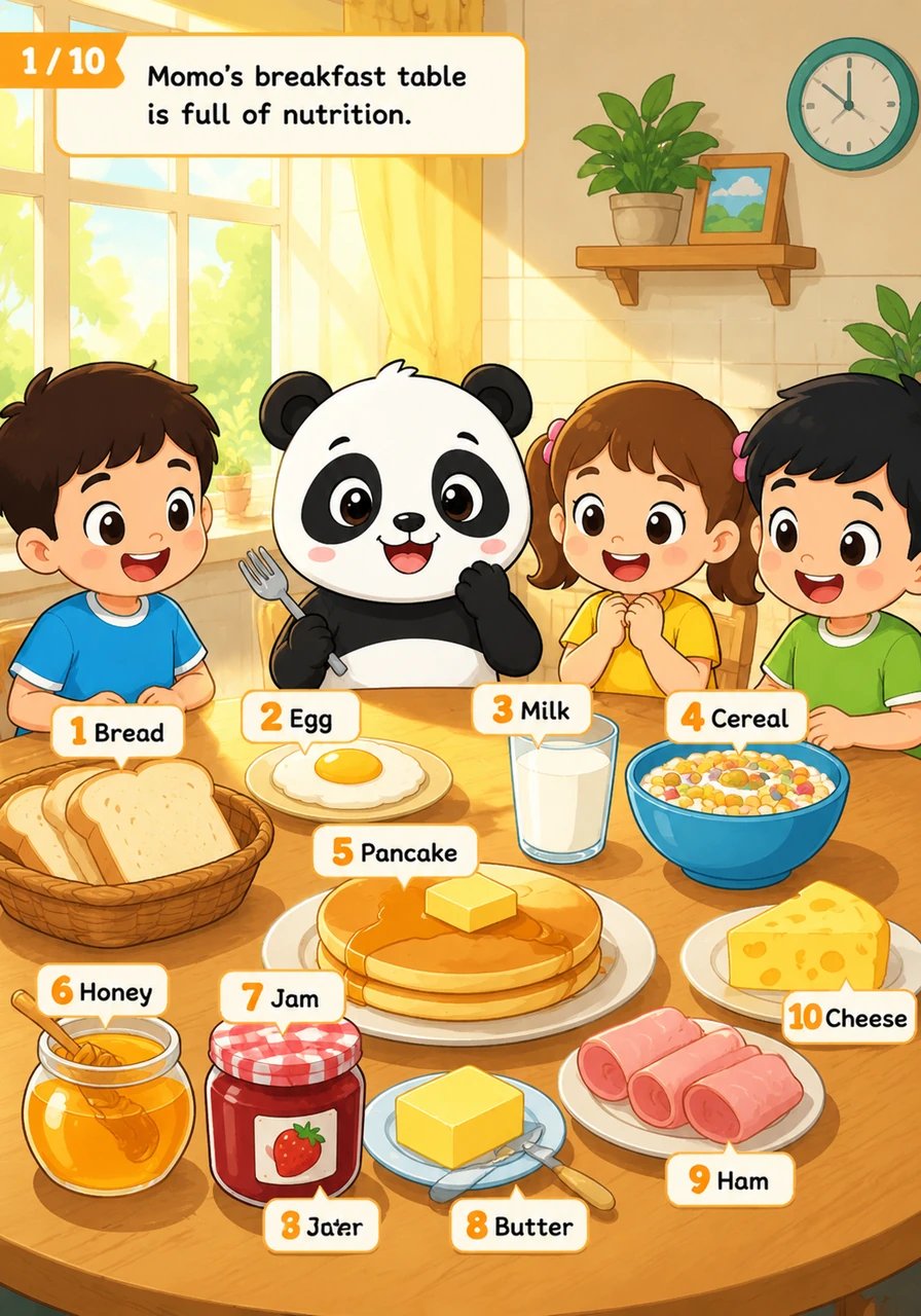 萌萌的早餐桌上摆满了营养。1. Bread 面包, 2. Egg 鸡蛋, 3. Milk 牛奶, 4. Cereal 谷物, 5. Pancake 薄煎饼, 6. Honey 蜂蜜, 7. Jam 果酱, 8. Butter 黄油, 9. Ham 火腿, 10. Cheese 奶酪。阳光照在桌子上,