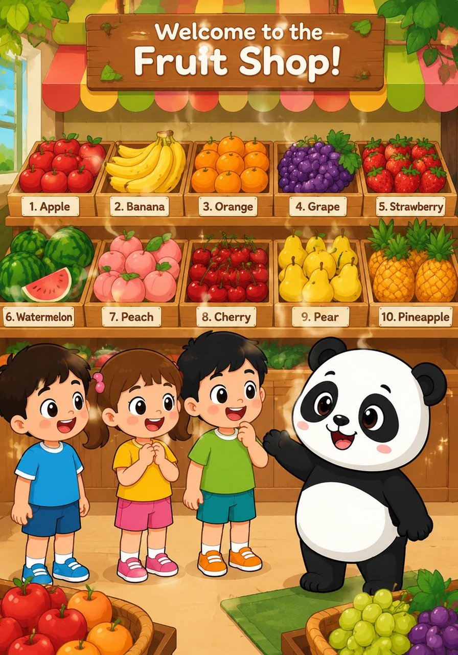 萌萌来到五彩缤纷的水果店。1. Apple 苹果, 2. Banana 香蕉, 3. Orange 橙子, 4. Grape 葡萄, 5. Strawberry 草莓, 6. Watermelon 西瓜, 7. Peach 桃子, 8. Cherry 樱桃, 9. Pear 梨, 10. Pinea
