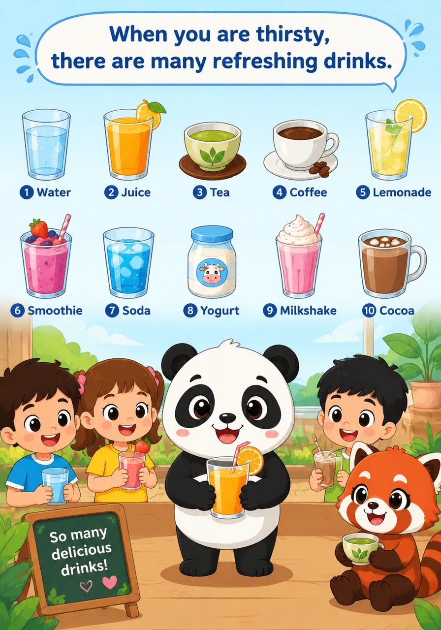 渴了的时候,有好多清爽的饮料。1. Water 水, 2. Juice 果汁, 3. Tea 茶, 4. Coffee 咖啡, 5. Lemonade 柠檬水, 6. Smoothie 昔, 7. Soda 苏打水, 8. Yogurt 酸奶, 9. Milkshake 奶昔, 10. Cocoa