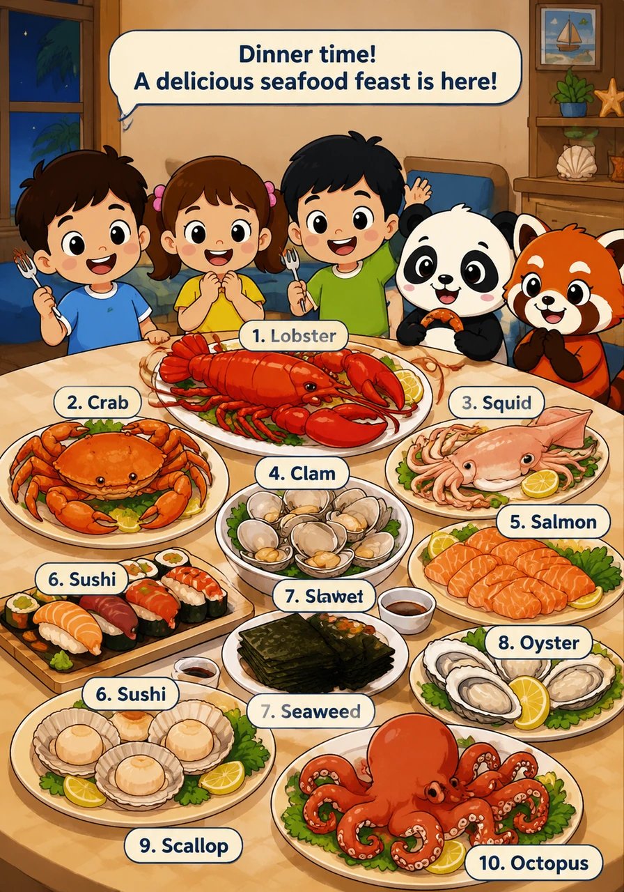 晚餐时间,海鲜大餐上桌啦。1. Lobster 龙虾, 2. Crab 螃蟹, 3. Squid 鱿鱼, 4. Clam 蛤蜊, 5. Salmon 三文鱼, 6. Sushi 寿司, 7. Seaweed 海苔, 8. Oyster 牡蛎, 9. Scallop 扇贝, 10. Octopus 章
