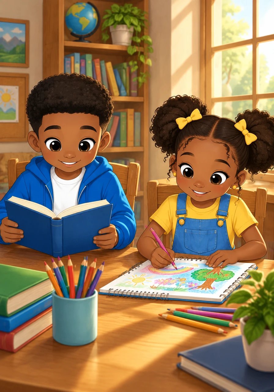 Estudiosos e focados, os irmãos sabiam que a educação seria a ponte para realizar seus sonhos. Lucas passava horas lendo livros sob a luz da janela, enquanto Maya desenhava ilustrações vibrantes em seu caderno. Cada página estudada era um passo em direção ao futuro brilhante que almejavam.