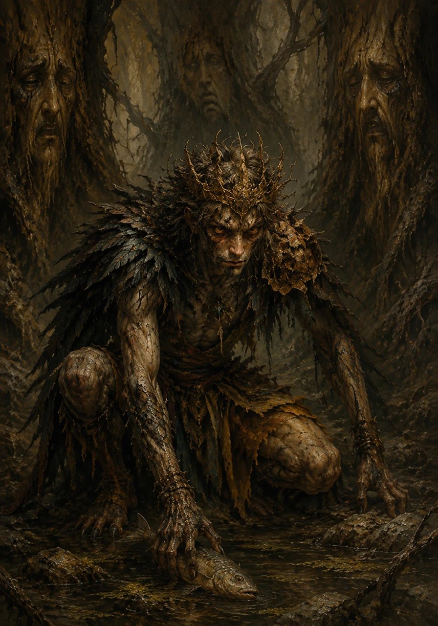 Deep within a suffocating, sunless forest, the twisted bark of ancient trees bore the shapes of weeping human faces. A feral creature named Buddhu lived among the shadows, surviving on the meager offerings of the swamp as his human mind slowly eroded into beastly madness.