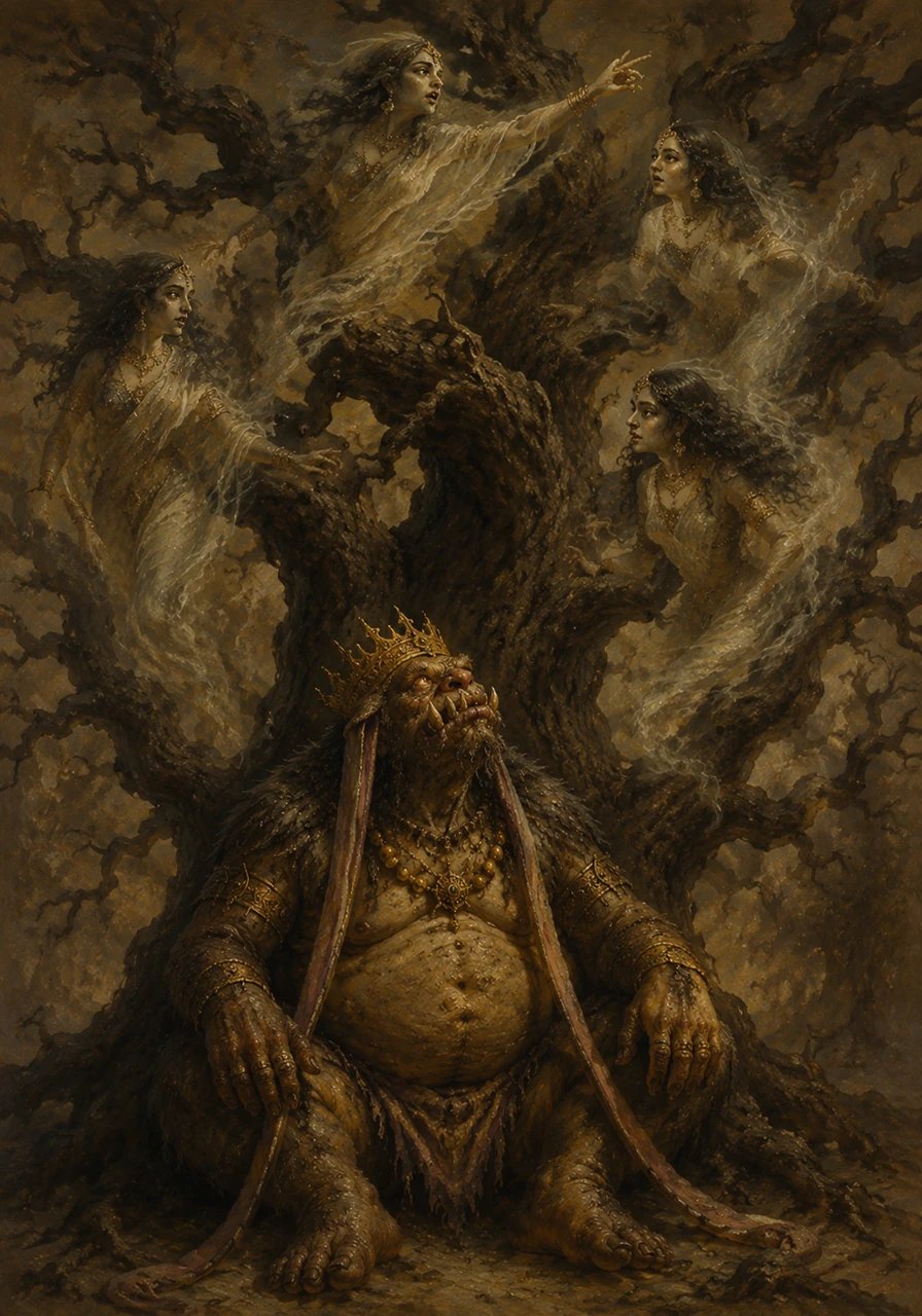 Perched upon the gnarled branches of a sheora tree, the spectral forms of the Shakchunnis drifted like pale mist. Their echoing whispers pierced through Buddhu's haze, telling tales of a shimmering Crystal Palace lying three treacherous rivers away.