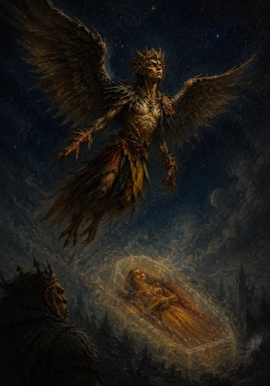 The ghost-women spoke of a beautiful princess named Kalavati, sealed alive inside a glass coffin by a monstrous warlord. Driven by a sudden, aching spark of his forgotten humanity, the cursed owl-prince spread his great feathered wings and took flight into the starry night.
