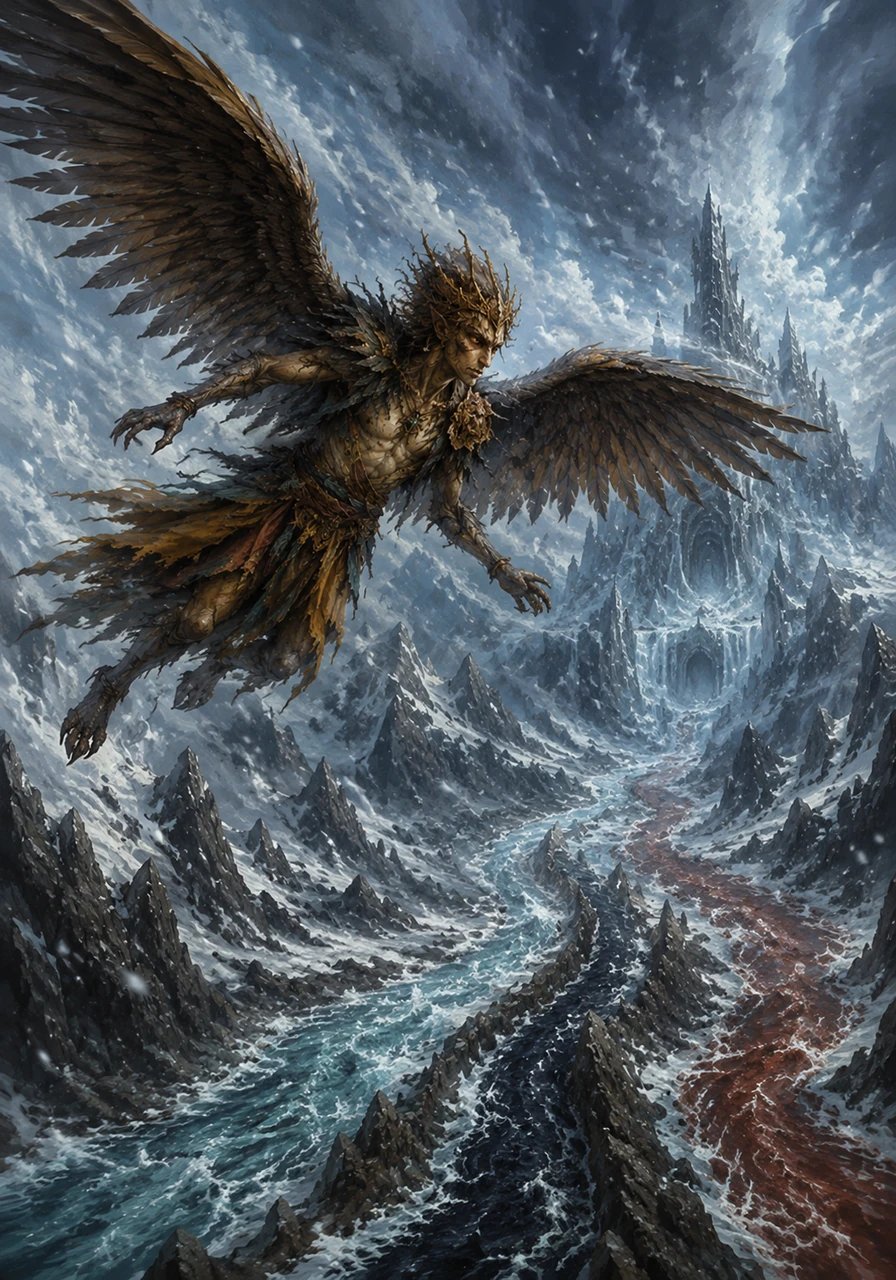 Buddhu soared over jagged mountains and braved the roaring currents of three mystical rivers, each boundary bringing him closer to the frozen heart of the demon's domain. The bitter wind howled against his feathers, but the memory of the princess kept his spirit ablaze.