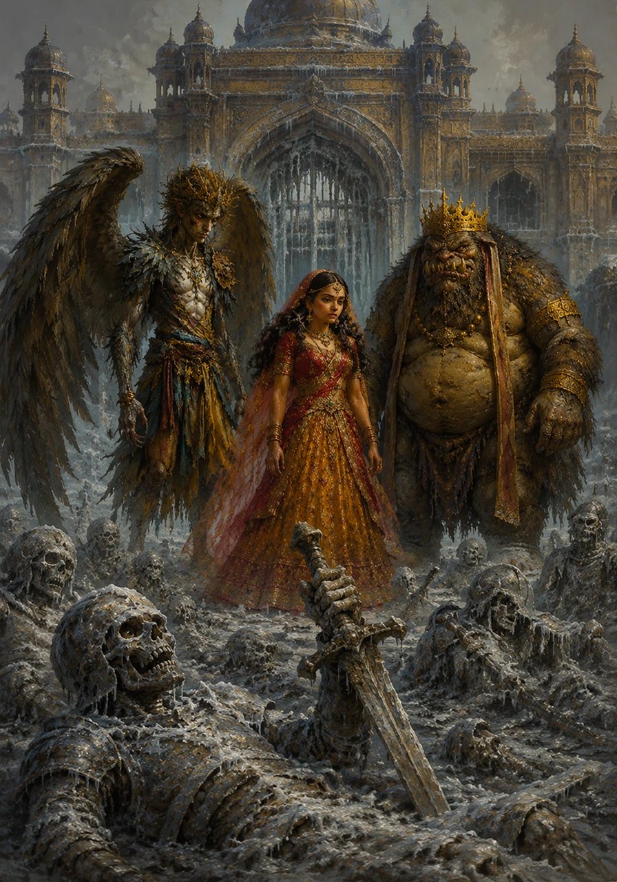 Upon reaching the gates of the Crystal Palace, a chilling silence hung heavily in the air. The grand courtyard was a graveyard of old legends, littered with the frosted skeletons of brave knights who still clutched their rusted swords in a final, frozen stance.