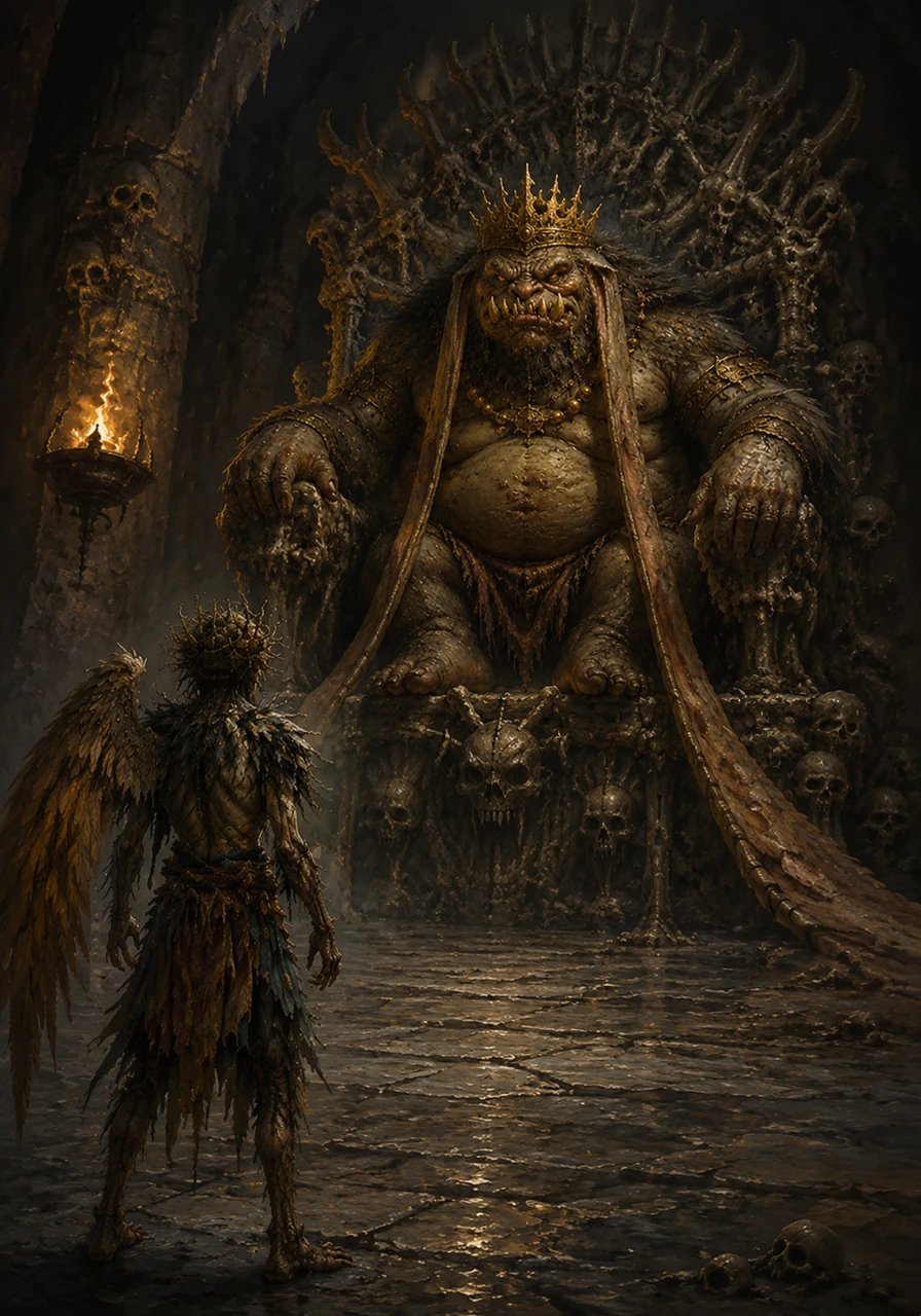 Stepping into the great, shadowed hall, Buddhu beheld a terrifying sight on the central dais. A massive, hairy beast known as the Khokshosh sat upon a throne of bones, its teeth like jagged daggers and its immense ears dragging along the icy stone floor.