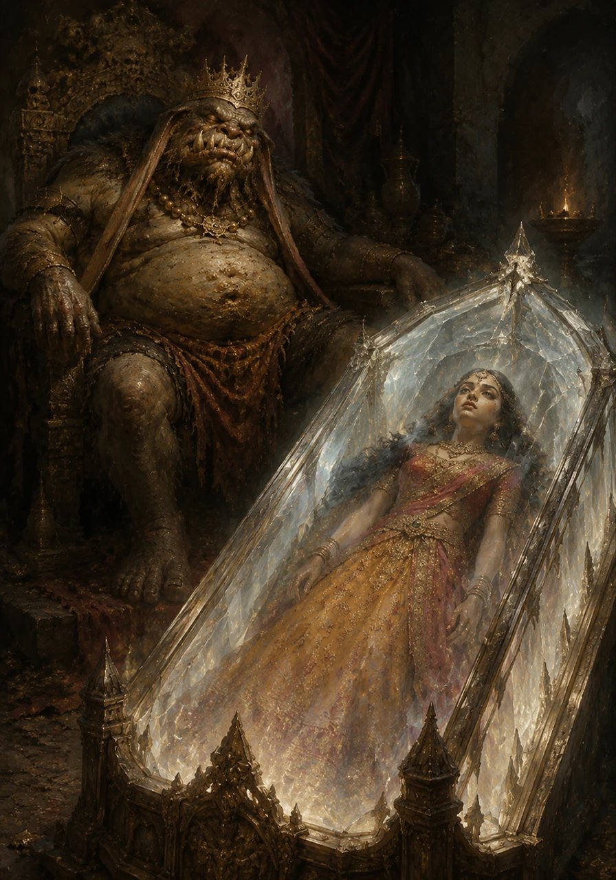 Beside the slumbering demon king rested the magnificent crystal tomb, glowing with a faint, sorrowful light. Inside lay Princess Kalavati, her eyes wide and staring blankly at the ceiling, trapped in a cruel state of living death while her essence slowly withered.