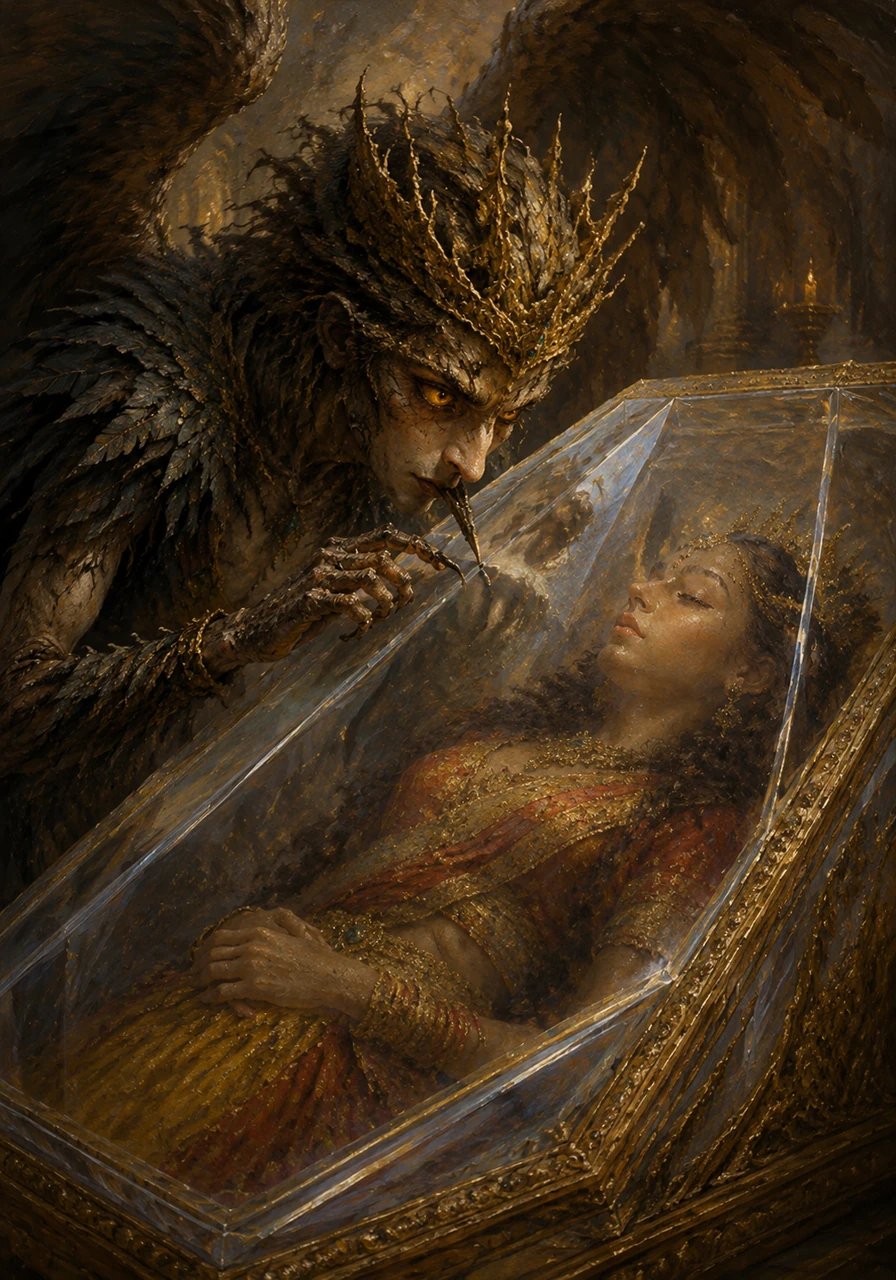 Creeping forward with absolute silence, the owl-prince approached the glass coffin, his large eyes reflecting the princess's pale face. He tapped his sharp beak gently against the enchanted crystal, searching desperately for a fracture or a way to break the dark spell.