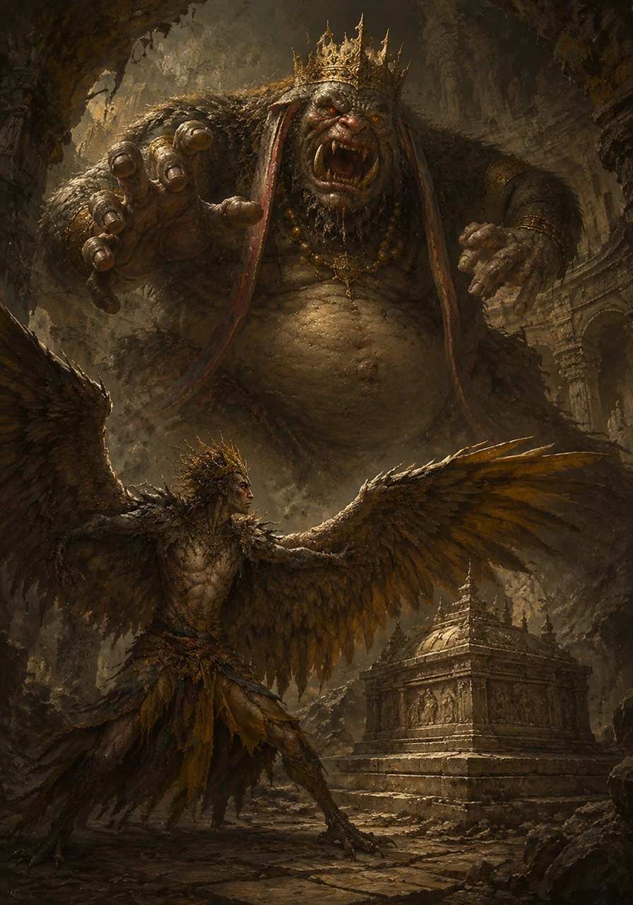 Suddenly, the giant demon stirred, its crimson eyes snapping open as it let out a deafening roar that shook the palace foundations. Buddhu shielded the tomb with his wings, facing the towering monster with a fierce bravery he hadn't felt in centuries.
