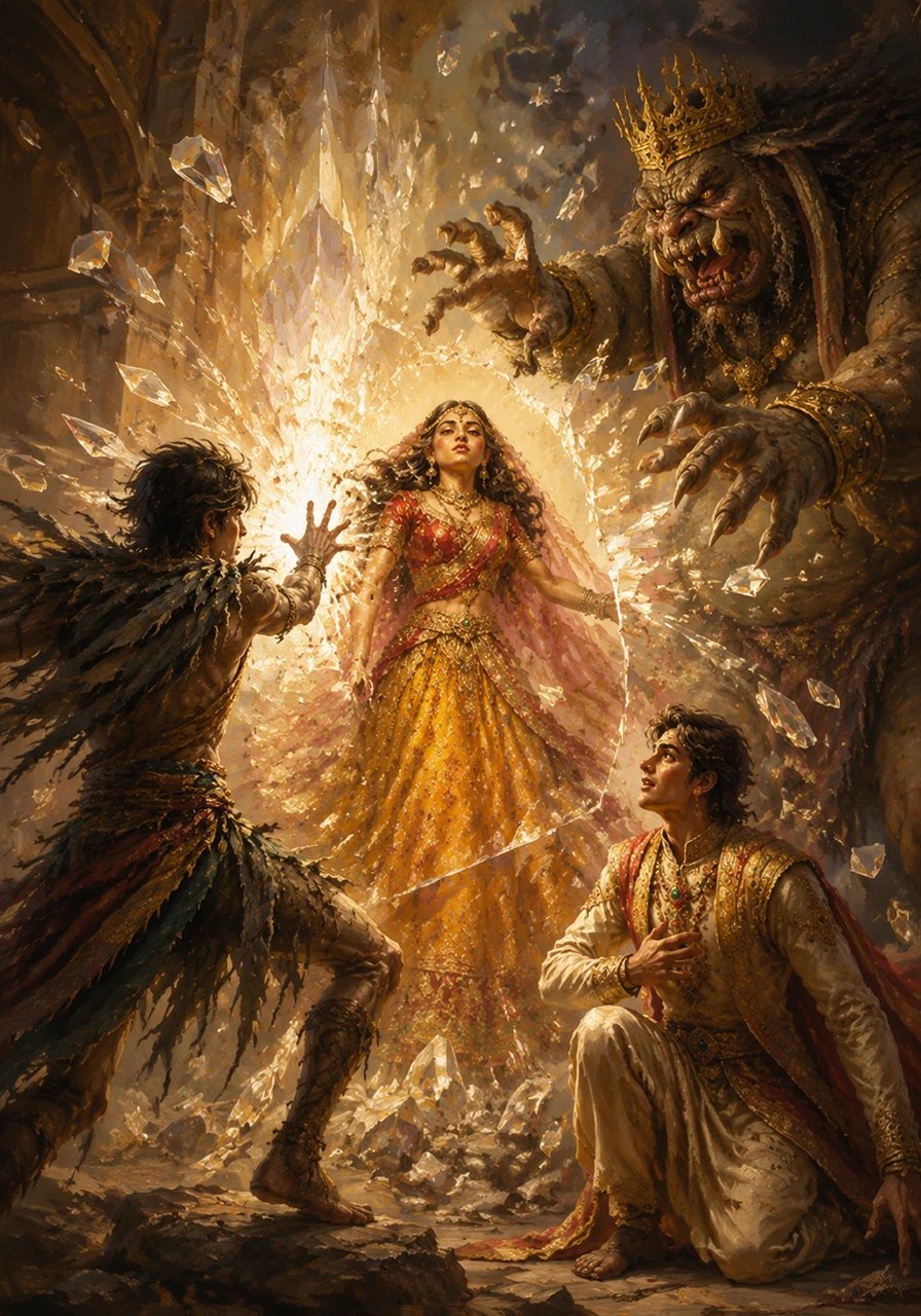 With a final, desperate surge of magic, Buddhu shattered the crystal glass just as the demon lunged forward. As the confinement broke, a warm light erupted from Princess Kalavati, banishing the shadows and restoring the prince's true form in a dazzling display of triumph.