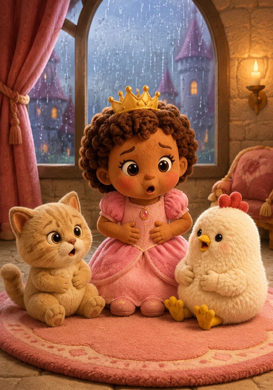 It was a rainy day at the castle. Princess Amara was playing inside with her best friends: Potato the cat and Stephanie the fluffy chicken. Suddenly, their tummies gave a loud rumble because it was time for a snack.