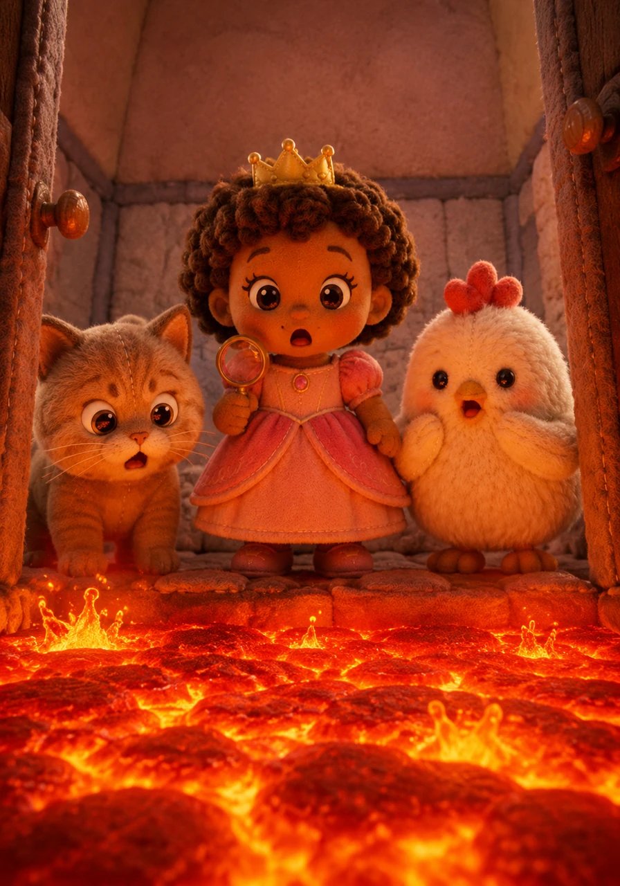 But when they opened the door to the hallway, they gasped in surprise. The floor was completely gone! Instead, there was a bubbling, glowing lake of hot red lava stretching out before them.
