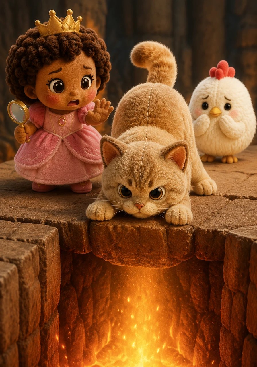 Potato the cat wiggled his bottom, getting ready to take a giant leap across the glowing heat. 'Wait!' cried Amara, holding up her tiny magnifying glass. 'If we jump right now, we might fall in! We need to stop and think first.'