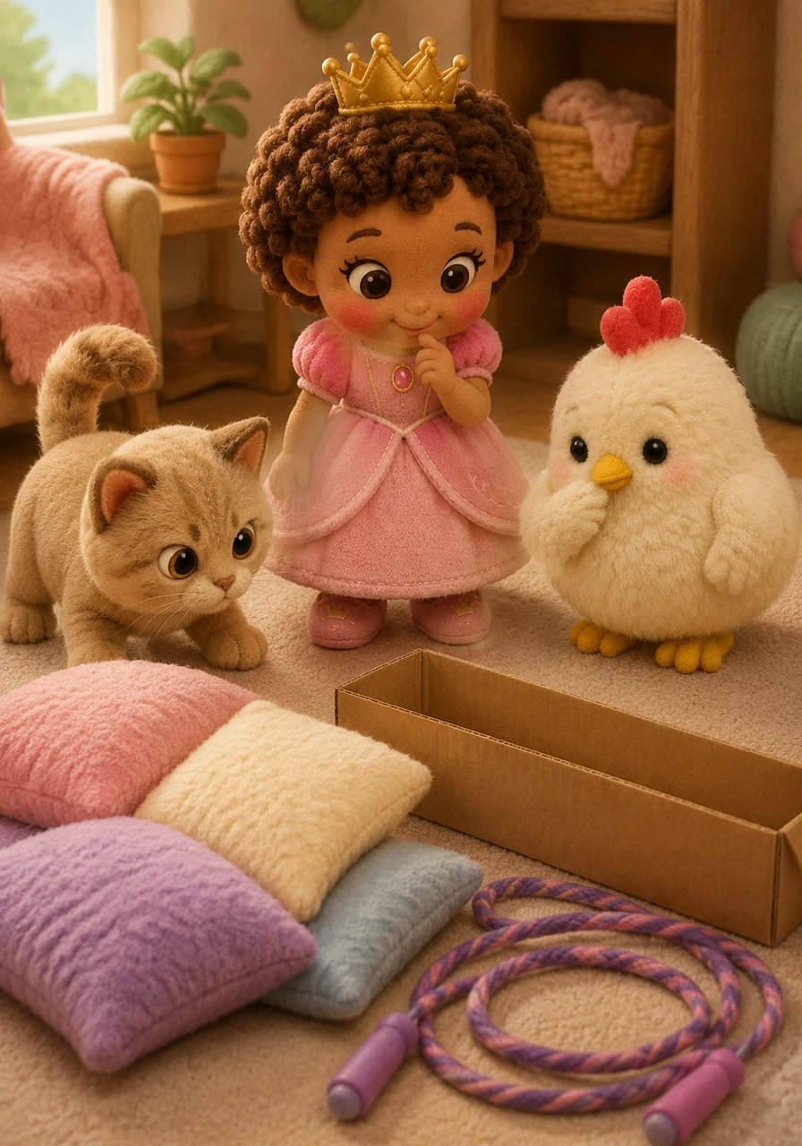 Amara suggested they look around for a safe way to cross. They searched the room and soon found a pile of soft pillows, a long cardboard box, and a heavy jump rope.