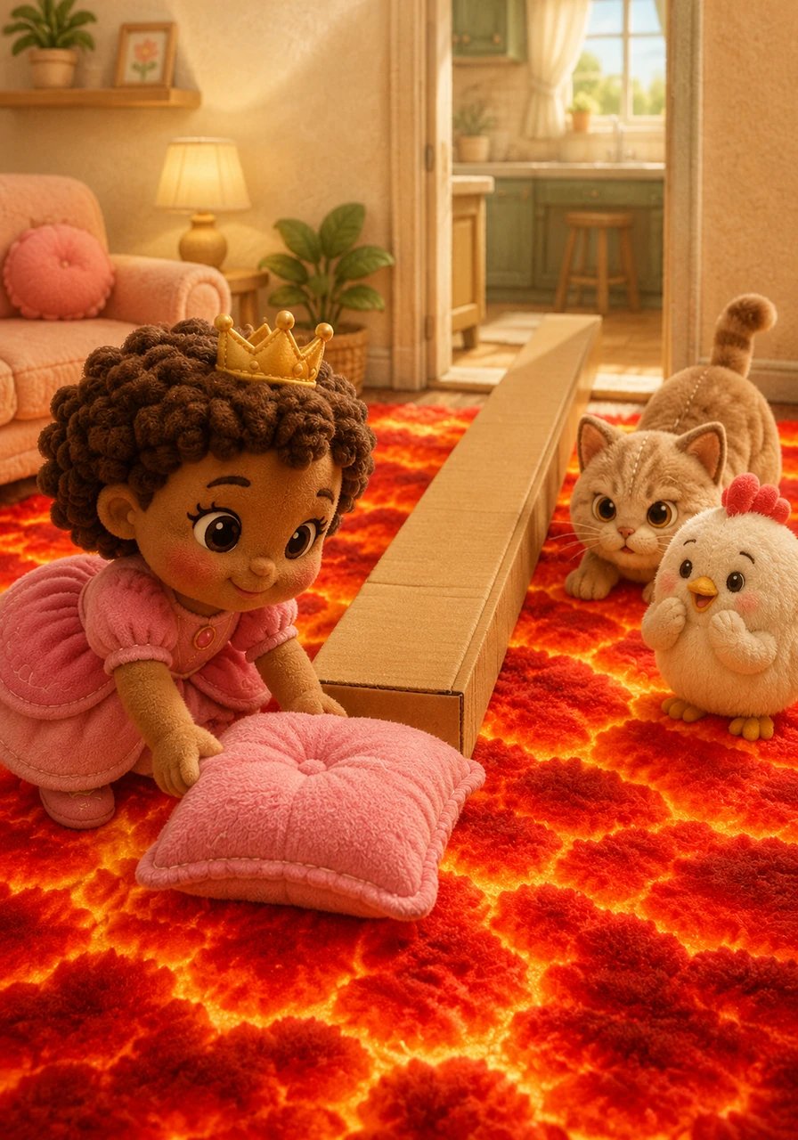 First, Amara carefully dropped a pillow onto the lava with a soft plop, creating a perfect, safe island. Then, she pushed the long cardboard box out to make a bridge all the way to the kitchen door.