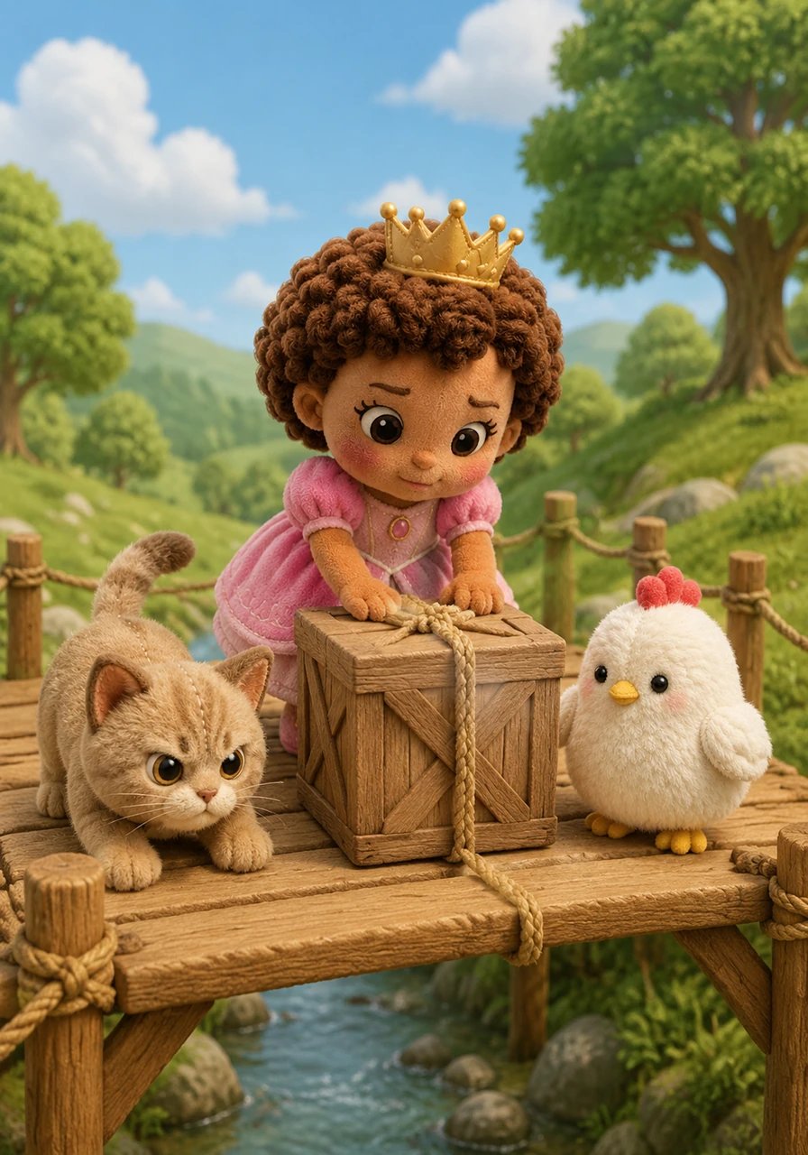 Potato got ready to run across the brand-new bridge. 'Wait! What if the box slips?' asked Amara, thinking ahead. She pushed down hard on the box with the heavy rope to test its strength, and it didn't move at all.