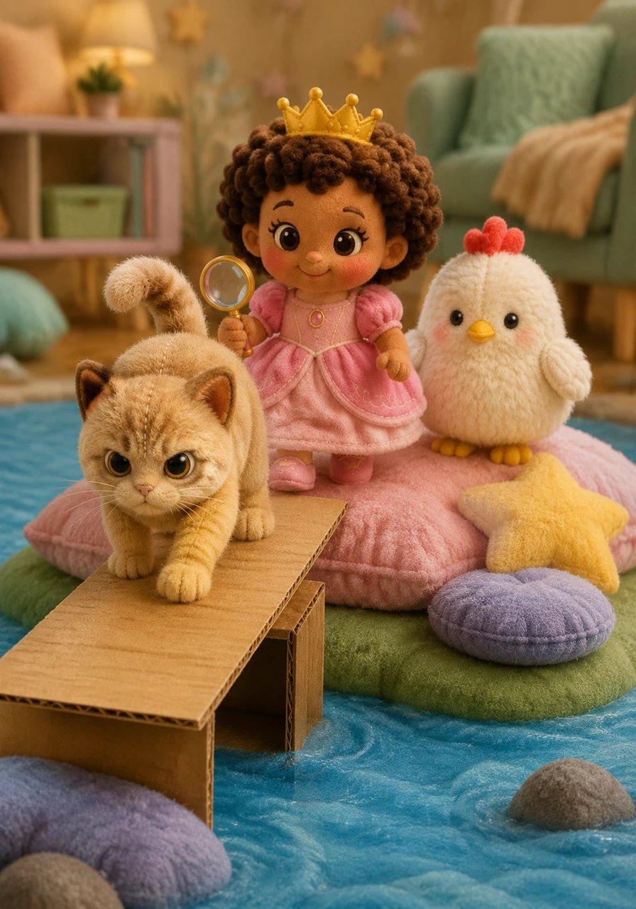 Now they knew it was totally safe to cross. Potato walked bravely across the box bridge first, and then Amara and Stephanie stepped onto the pillow island and carefully crossed together.