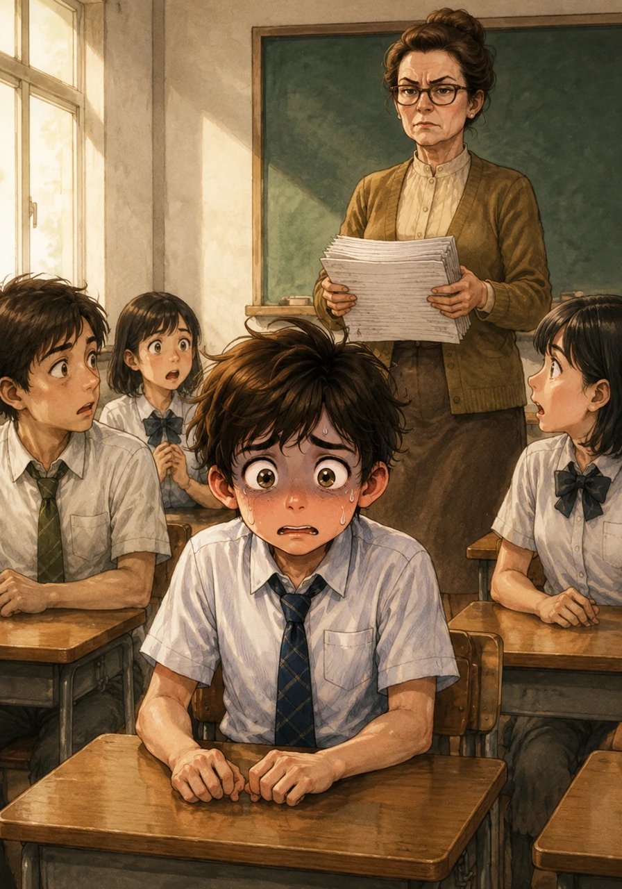 The teacher stands at the front of the room, holding a thick stack of papers and announcing a sudden, unannounced pop quiz. Leo's smile instantly fades as a wave of anxiety hits him because he forgot to study the night before.