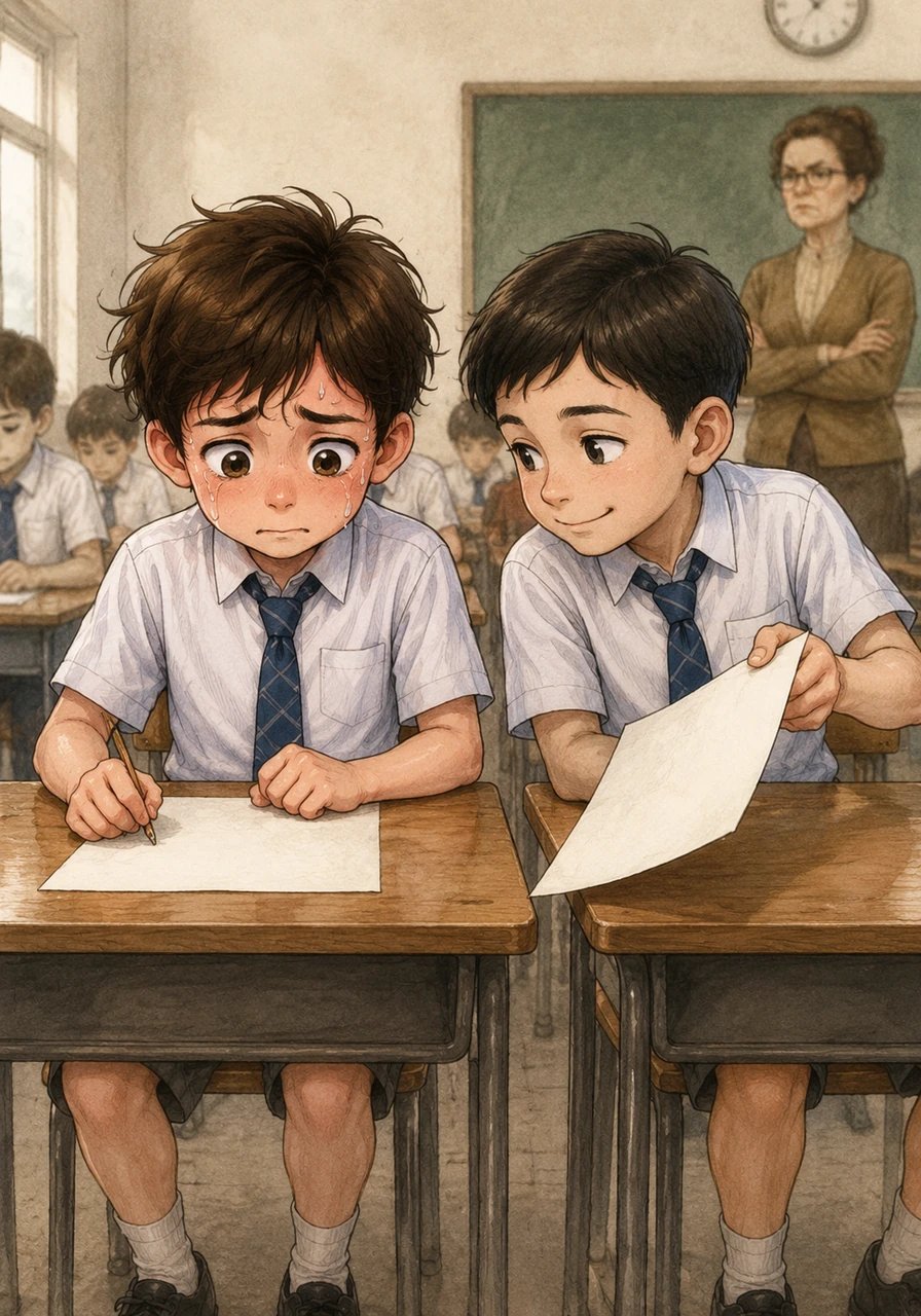 The test papers are distributed, and the classroom falls into a deep silence filled only by the ticking clock and the scratching of pencils. Leo stares blankly at the difficult questions on his page, his mind spinning and completely blank.