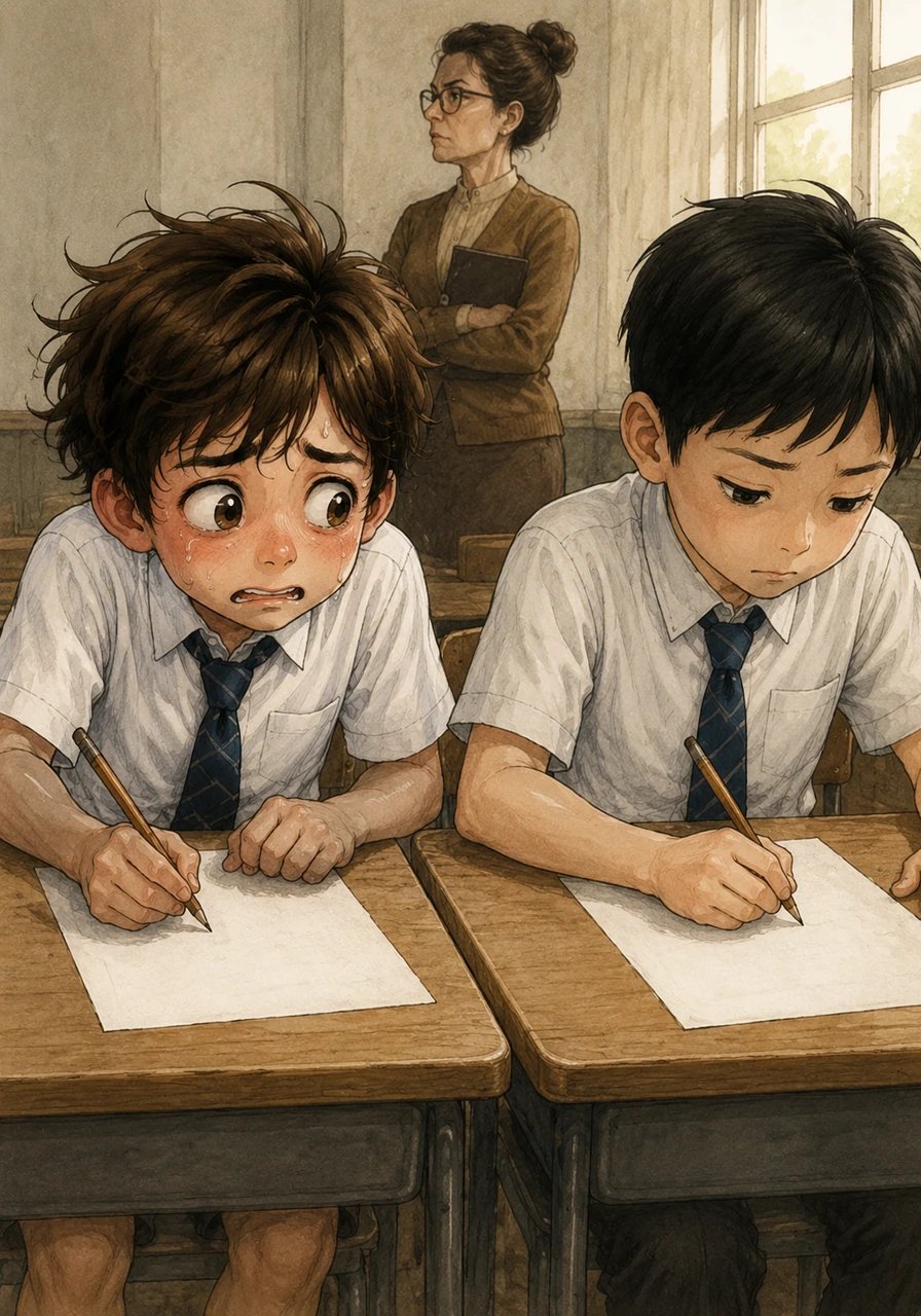 Sitting right next to Leo, his kind classmate notices his struggle and sympathetically tilts a fully completed answer sheet into plain view. Leo looks over, deeply tempted by the clear and easy answers glittering right beside him.