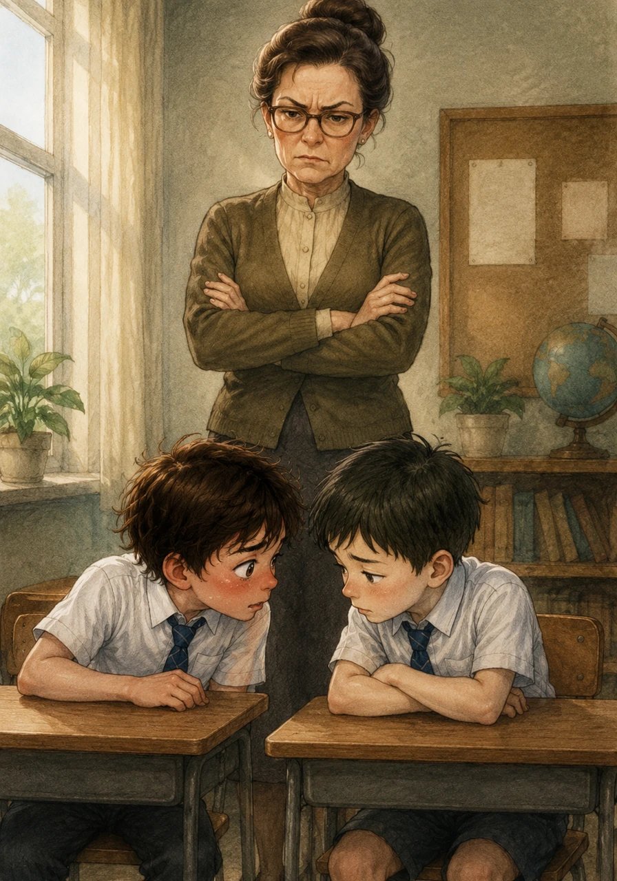 Driven by panic and the fear of failing, Leo quickly grips his pencil and begins copying the answers word for word. He focuses intensely on writing as fast as he can, trying to ignore the uneasy, guilty feeling in his stomach.