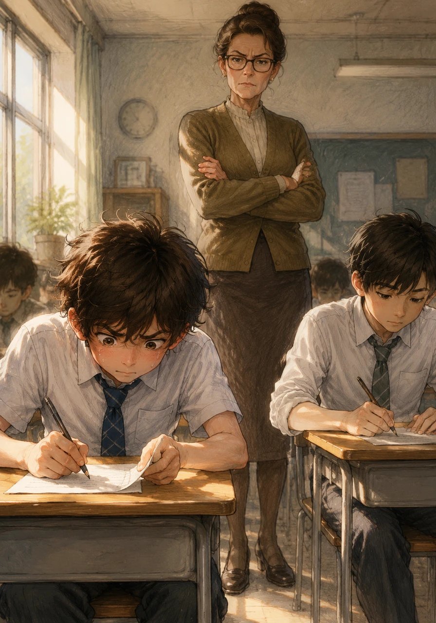 What the two boys do not realize is that the teacher has quietly walked down the aisle and is now standing directly behind them. Shadowed by her stern presence, Leo continues to hastily scribble down the stolen answers.