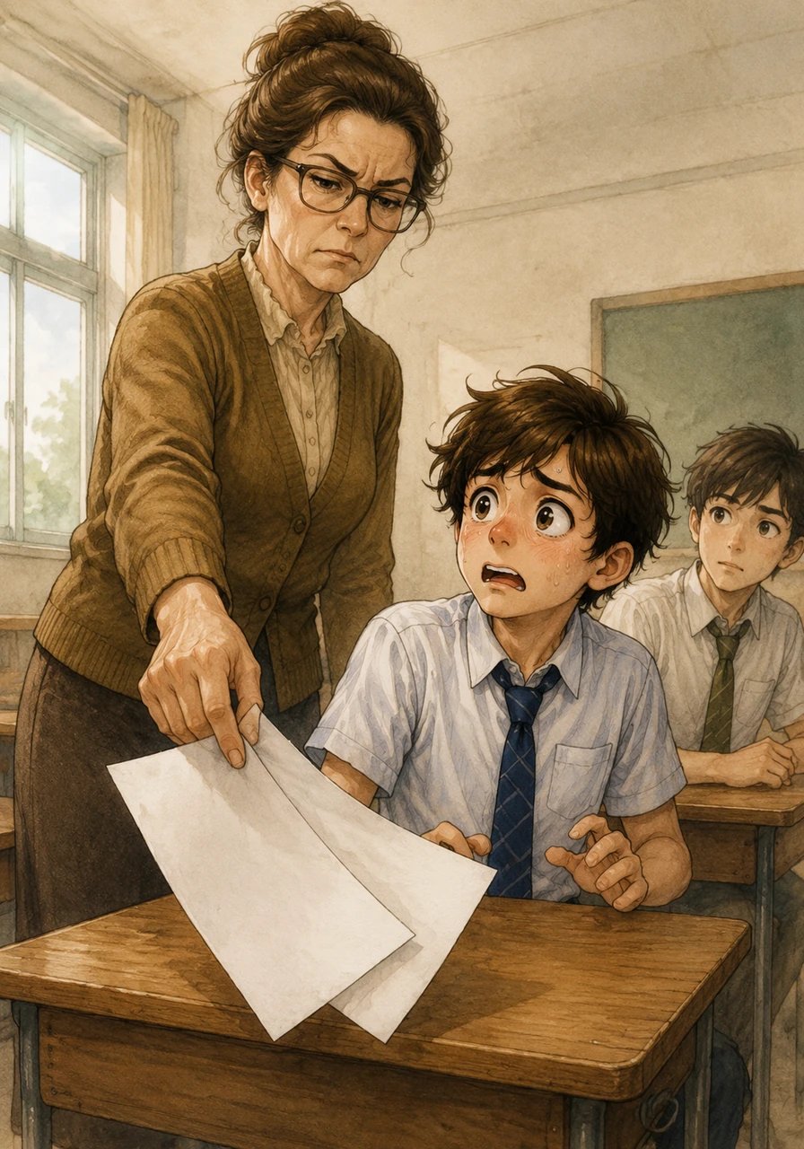 Suddenly, a firm hand reaches down and swiftly pulls both exam papers away from their desks. Leo freezes in absolute shock as he looks up to meet the deeply disappointed gaze of his teacher.