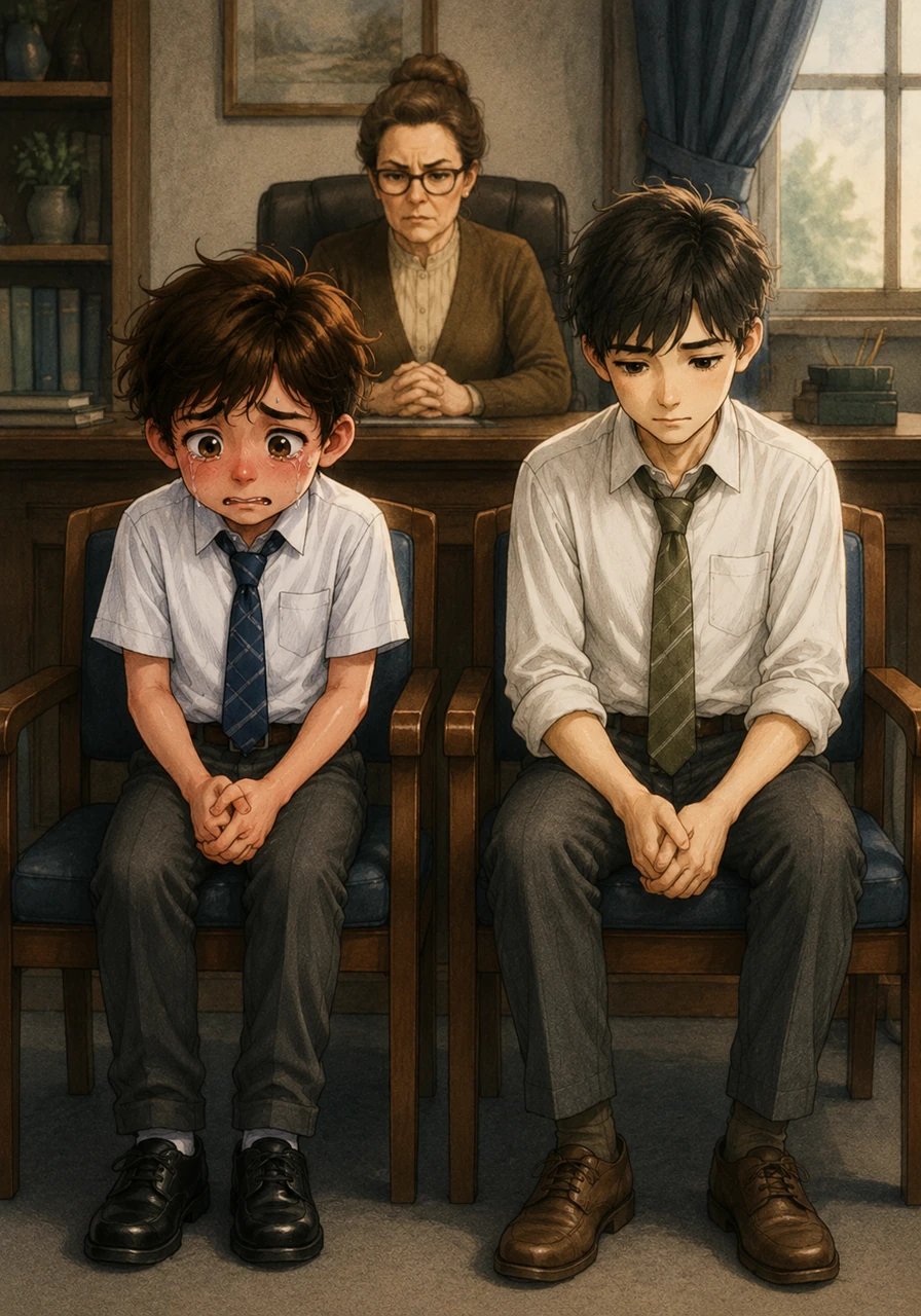 After class, Leo sits nervously in the quiet principal's office alongside his classmate, waiting for the inevitable consequences of their actions. The heavy silence in the room amplifies his deep regret and growing shame.