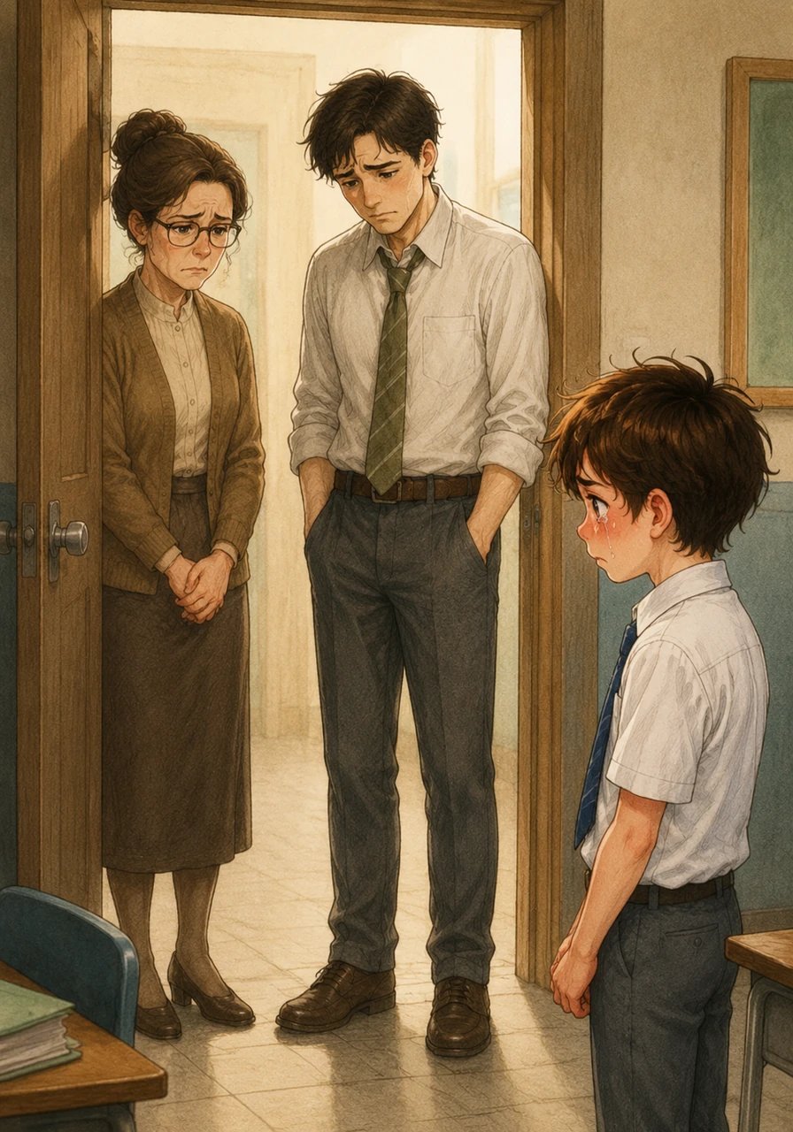 The door opens, and Leo’s parents walk in with expressions of deep sadness and disappointment rather than anger. Seeing the hurt on his parents' faces makes Leo truly understand the painful weight of his dishonesty.