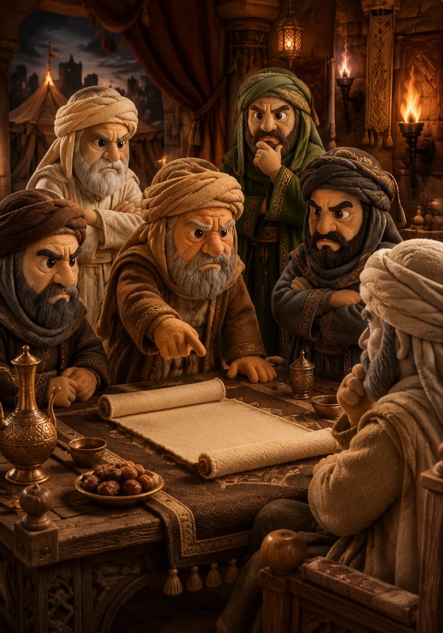 Prominent leaders of Makkah gathered in a dimly lit council chamber, their faces etched with anger and determination. They realized that words alone could no longer stop the movement, and they began drafting a harsh decree to completely isolate the believers.