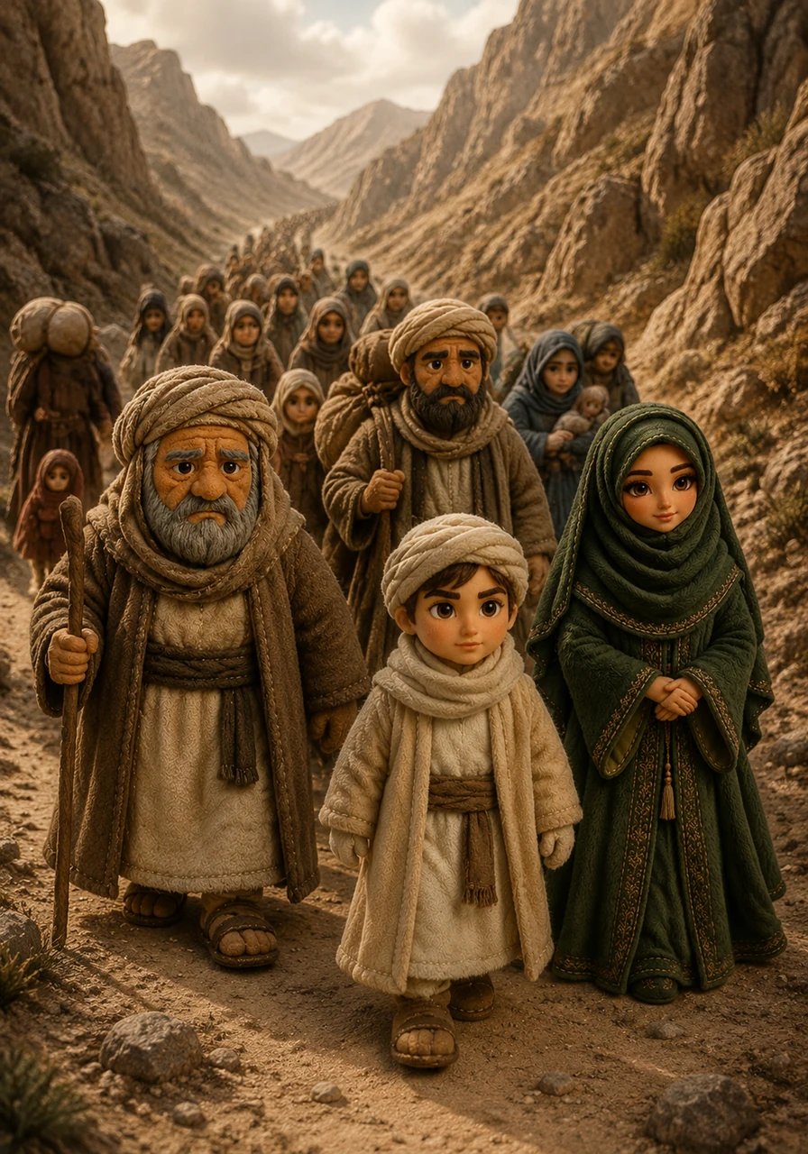 Faced with sudden banishment, families packed their meager belongings and began their long journey toward a narrow, rocky desert valley known as Shi‘b Abi Talib. Young Ali walked alongside the elders, his face resolute despite the heavy burden his people were forced to carry.