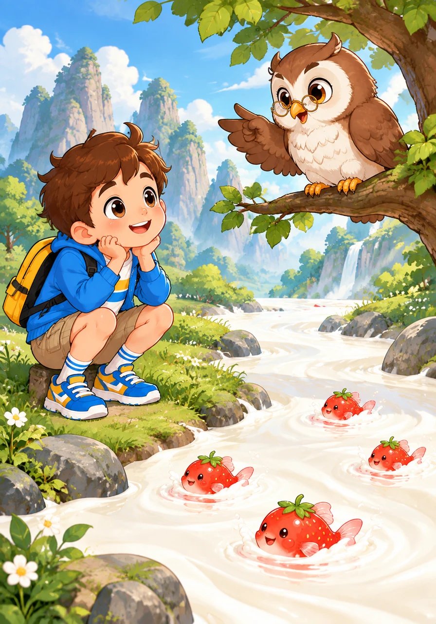 Chegando ao Rio de Leite e Iogurte Natural, Lucas viu pequenos peixes de morango nadando felizes nas águas brancas. Uma sábia coruja explicou que o cálcio do leite deixava os ossos e os dentes tão fortes quanto as rochas das montanhas.