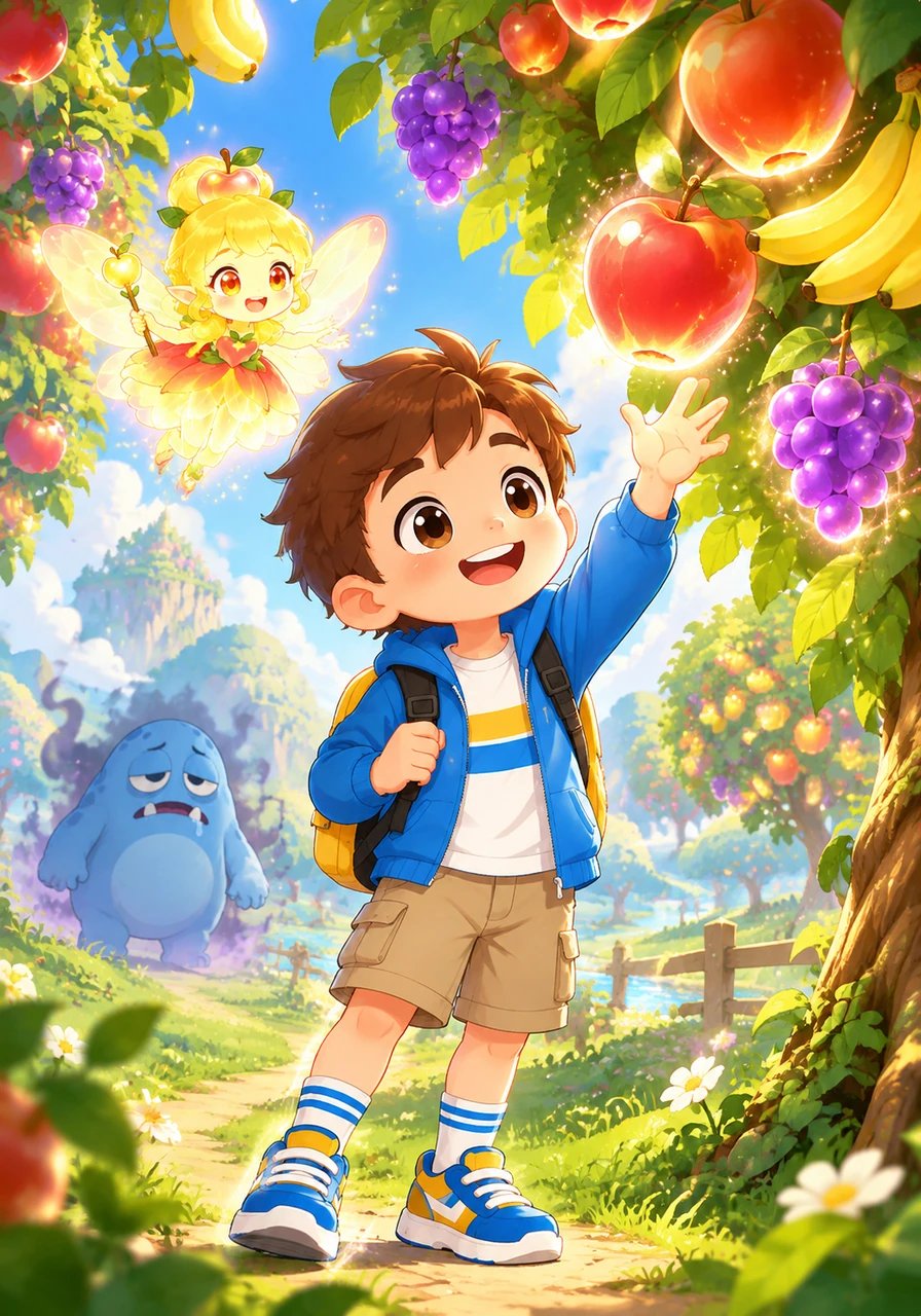 No Pomar do Arco-Íris, Lucas ficou maravilhado com árvores cobertas de maçãs vermelhas, bananas amarelas e uvas roxas suculentas. Cada fruta oferecia uma poção mágica de energia natural para correr, pular e gargalhar o dia todo.