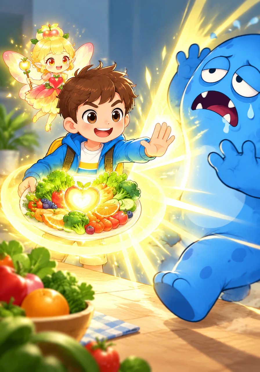 De repente, o Monstro do Cansaço tentou se aproximar para tirar a energia de Lucas, mas o menino montou rapidamente um prato super-equilibrado e colorido. O brilho dos alimentos saudáveis afastou a preguiça para longe no mesmo instante.