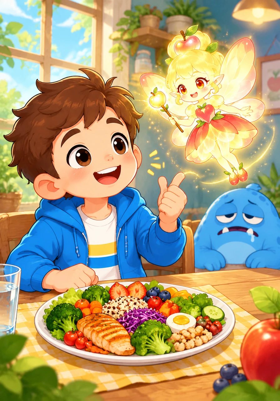Lucas percebeu como era divertido e gostoso combinar tantas cores e sabores diferentes em uma única refeição. Ele prometeu à sua amiga fadinha que provaria novos alimentos todos os dias com muita curiosidade e alegria.