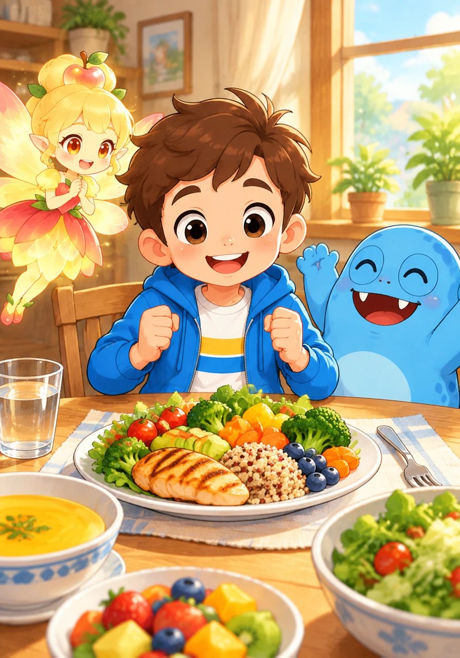 Na manhã seguinte, Lucas acordou animado e surpreendeu sua família pedindo um prato cheio de cores vibrantes no almoço. Sorrindo feliz, ele sentiu a verdadeira superenergia transbordar em seu corpo para um dia inteiro de brincadeiras.