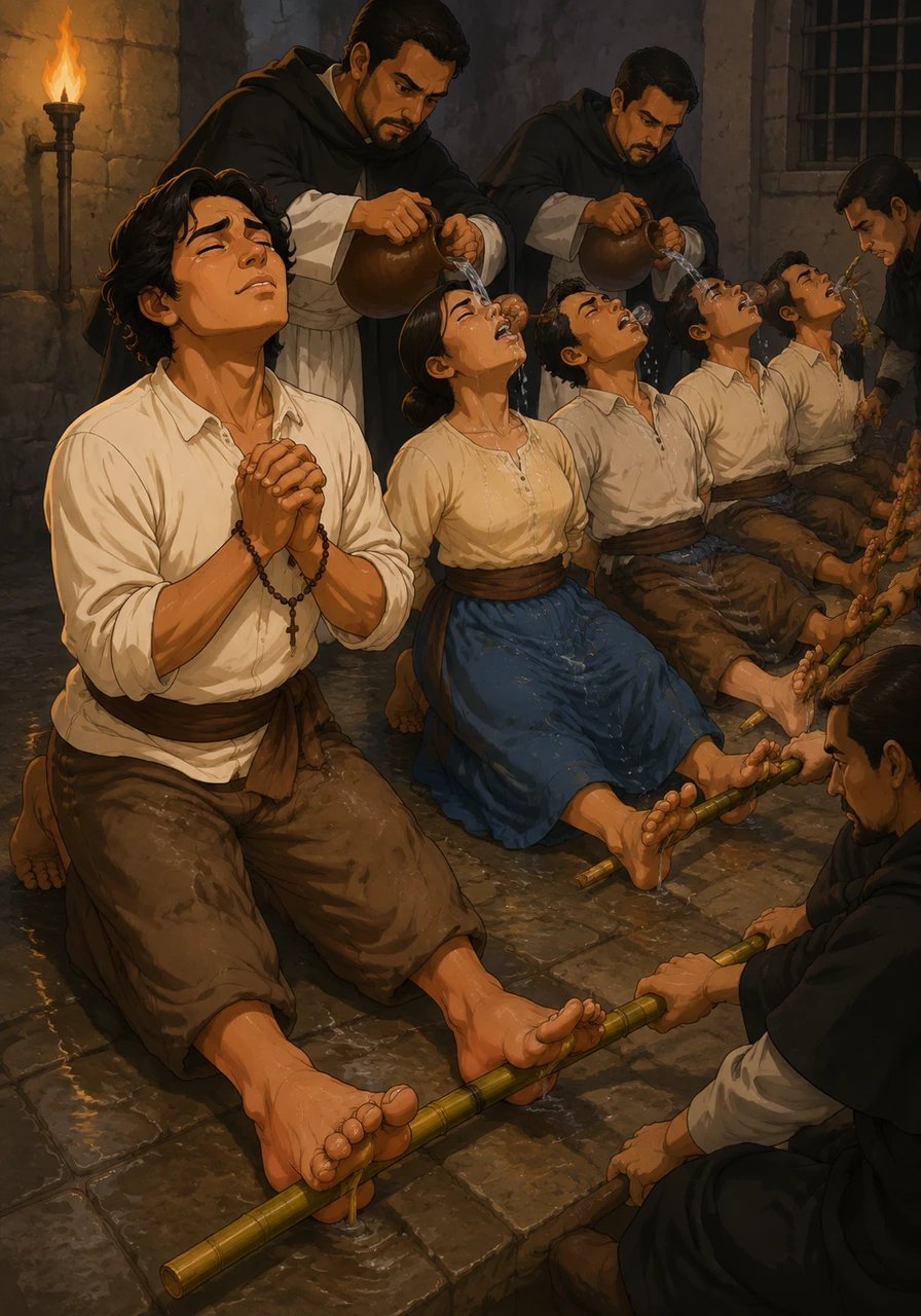 Pinarusahan si Lorenzo at ang kanyang mga kaibigan sa pamamagitan ng matinding paghihirap upang baliin ang kanilang kalooban. Nilagyan ng mga patpat na kawayan ang ilalim ng kanilang mga kuko at pinainom ng napakaraming tubig na pilit na inipit sa kanilang tiyan. Sa kabila ng matinding sakit, patuloy na nanalangin si Lorenzo at humingi ng lakas sa Diyos.
