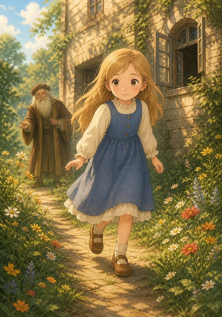 Par une belle après-midi ensoleillée, la petite Louise se promène le long d'un sentier bordé de fleurs sauvages. Curieuse de nature, elle aperçoit au loin une grande bâtisse en pierre aux fenêtres ouvertes, d'où s'échappent d'étranges bruits de rouages et des rires étouffés. Intriguée, la fillette s'approche à pas feutrés pour jeter un coup d'œil à l'intérieur.