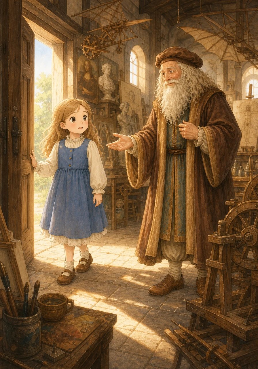 En franchissant le seuil de la porte, Louise découvre un atelier extraordinaire rempli de toiles, de sculptures et d'engrenages. Un homme bienveillant à la longue barbe blanche et au regard étincelant se tourne vers elle avec un doux sourire. C'est le grand maître Léonard de Vinci, ravi d'accueillir une si jeune et curieuse visiteuse.