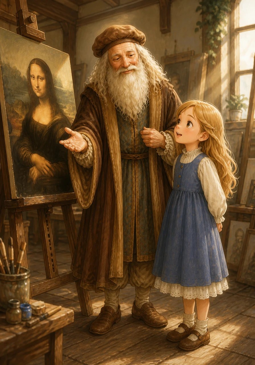 Léonard invite Louise à s'approcher de son chevalet pour lui présenter son œuvre en cours, la célèbre Joconde. Il lui explique comment il observe attentivement la nature et les expressions des visages pour donner de la vie à ses peintures. Louise contemple le tableau avec de grands yeux émerveillés par la douceur des couleurs.