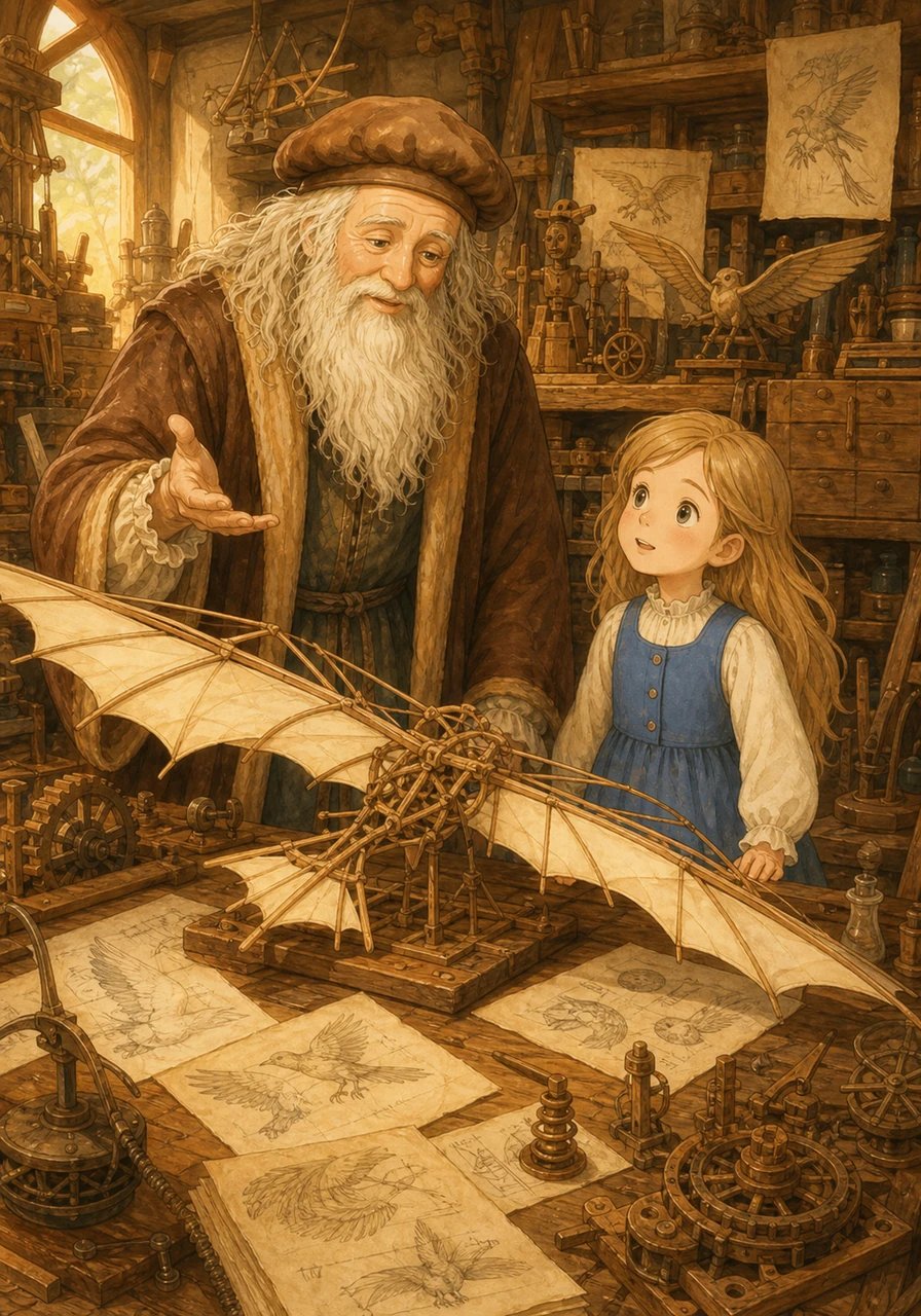 Ensuite, le sage inventeur guide la fillette vers une immense table recouverte de croquis et de maquettes en bois. Il lui montre fièrement une drôle de machine dotée de grandes ailes légères en tissu. Léonard lui confie alors son plus grand rêve : comprendre le vol des oiseaux pour réussir à faire voler les hommes.