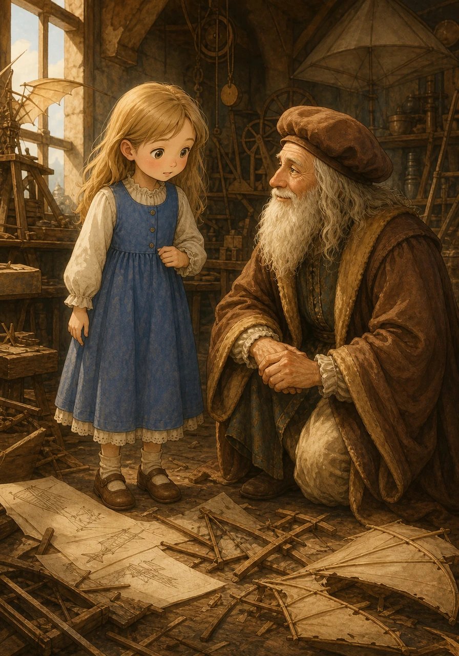 Intriguée, Louise remarque dans un coin de la pièce une pile de dessins raturés et de petites ailes cassées. Elle demande timidement à Léonard si cela ne le rend pas triste d'avoir manqué autant d'essais. L'inventeur s'accroupit à sa hauteur avec bienveillance pour lui répondre.